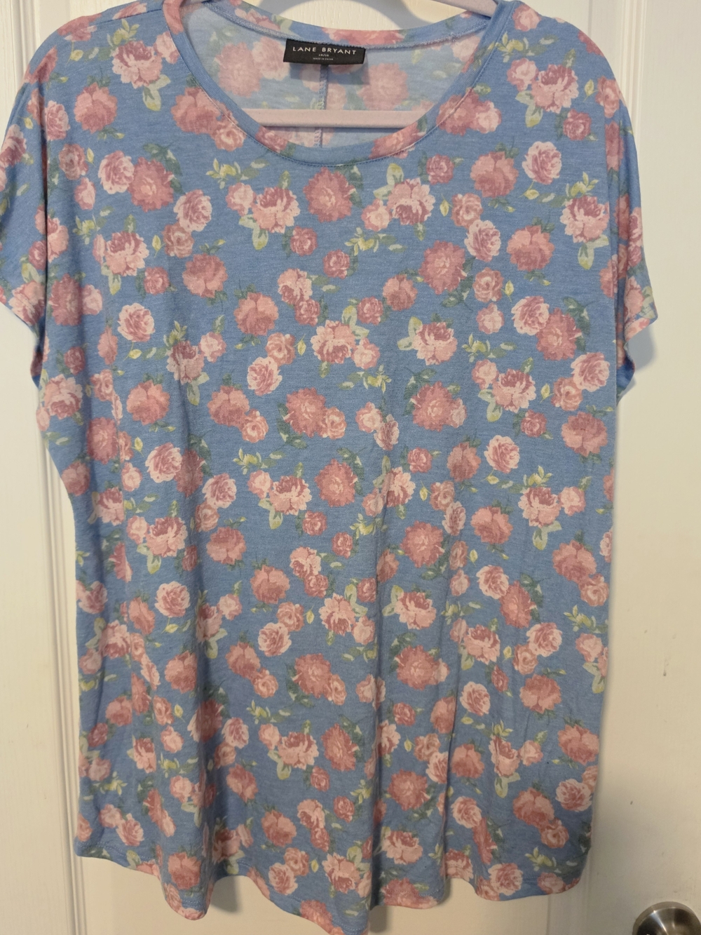 Lane Bryant Blue Floral Short Sleeve Tee with Pink Roses